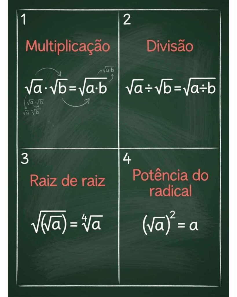 Infográfico com as quatro propriedades da radiciação: multiplicação, divisão, raiz de raiz e potência do radical